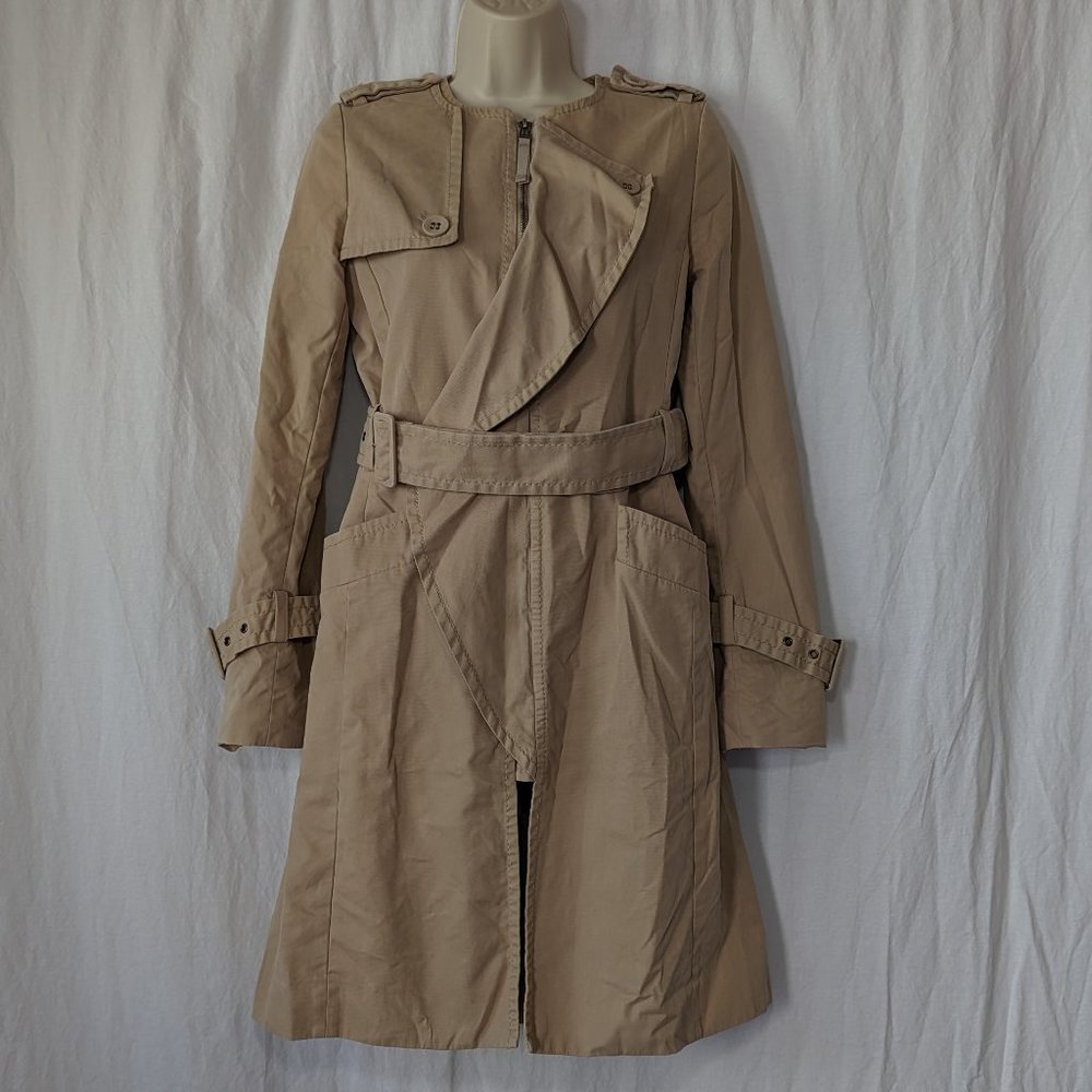 BCBGMAXAZRIA Beige Waist Tie Ruffle Trench Coat Size XXS